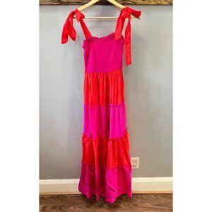 Koko & Mason Tie Should Tiered Maxi‎ Dress In Pink/ Orange- Size M